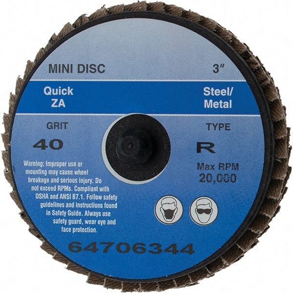 Value Collection - 40 Grit, 3" Disc Diam, Type 27 Zirconia Alumina Flap Disc - Quick Change Type R Attaching System, Coated - Exact Tooling