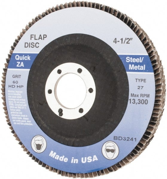 Made in USA - 60 Grit, 4-1/2" Disc Diam, 7/8" Center Hole, Type 27 Zirconia Alumina Flap Disc - Arbor Attaching System, Coated - Exact Tooling