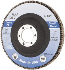 Made in USA - 60 Grit, 4-1/2" Disc Diam, 7/8" Center Hole, Type 27 Zirconia Alumina Flap Disc - Arbor Attaching System, Coated - Exact Tooling