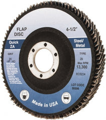 Made in USA - 36 Grit, 4-1/2" Disc Diam, 7/8" Center Hole, Type 29 Zirconia Alumina Flap Disc - Arbor Attaching System, Coated - Exact Tooling