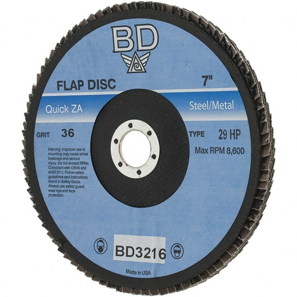 Value Collection - 36 Grit, 7" Disc Diam, 5/8-11 Center Hole, Type 29 Zirconia Alumina Flap Disc - Arbor Attaching System, Coated - Exact Tooling