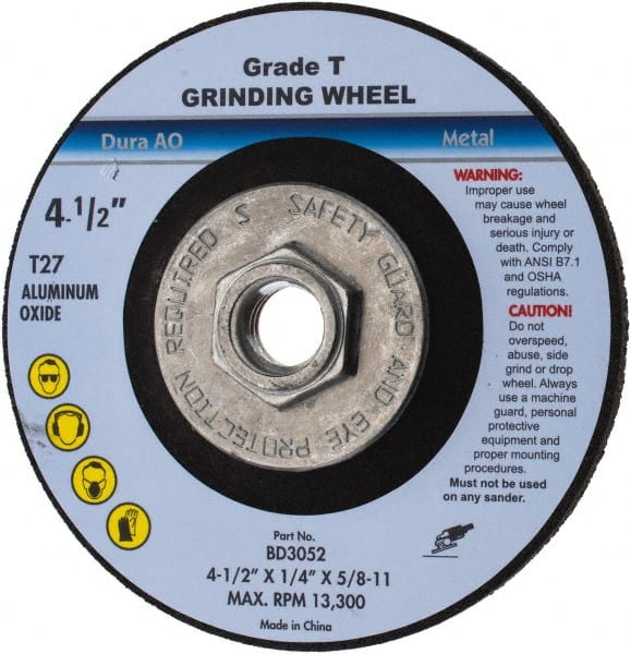 Value Collection - 24 Grit, 4-1/2" Wheel Diam, 1/4" Wheel Thickness, Type 27 Depressed Center Wheel - Aluminum Oxide, U Hardness, 13,300 Max RPM - Exact Tooling