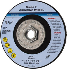 Value Collection - 24 Grit, 4-1/2" Wheel Diam, 1/4" Wheel Thickness, Type 27 Depressed Center Wheel - Aluminum Oxide, U Hardness, 13,300 Max RPM - Exact Tooling