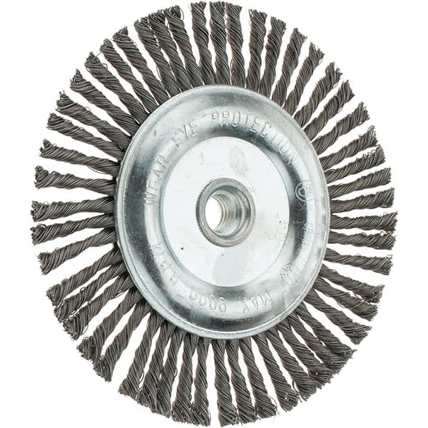 Weiler - 6-1/2" OD, 5/8-11 Arbor Hole, Stringer Bead Steel Wheel Brush - 3/16" Face Width, 1-1/8" Trim Length, 0.02" Filament Diam, 9,000 RPM - Exact Tooling