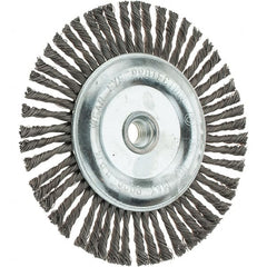 Weiler - 6-1/2" OD, 5/8-11 Arbor Hole, Stringer Bead Steel Wheel Brush - 3/16" Face Width, 1-1/8" Trim Length, 0.02" Filament Diam, 9,000 RPM - Exact Tooling