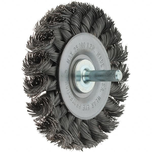 Weiler - 3" OD, 1/4" Shank Diam, Knotted Steel Wheel Brush - 3/8" Face Width, 5/8" Trim Length, 0.014" Filament Diam, 25,000 RPM - Exact Tooling