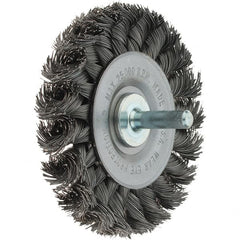 Weiler - 3" OD, 1/4" Shank Diam, Knotted Steel Wheel Brush - 3/8" Face Width, 5/8" Trim Length, 0.014" Filament Diam, 25,000 RPM - Exact Tooling