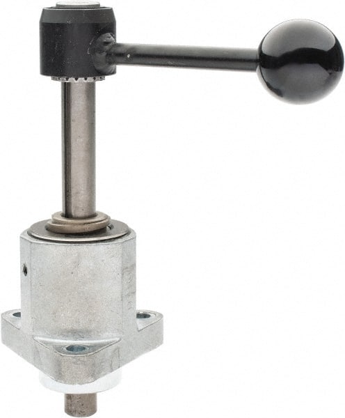 De-Sta-Co - 9,000 N Capacity, M8 Plunger, 16mm Plunger Diam, Flange Mt, One Hand, Hand Lever Actuation, Variable Stroke Straight Line Action Clamp - 60mm Max Rapid Stroke, 4mm Max Clamping Stroke, 9mm Mt Hole Diam, 73mm Overall Height, 196mm OAL - Exact Tooling