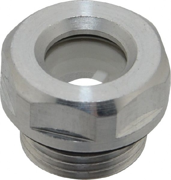 J.W. Winco - G 3/8 Thread, 20mm Distance Across Flats, Aluminum Oil Level Sight Glasses - 22mm Flange Diameter, 7.5mm Head Height, 8mm Length Under Head - Exact Tooling