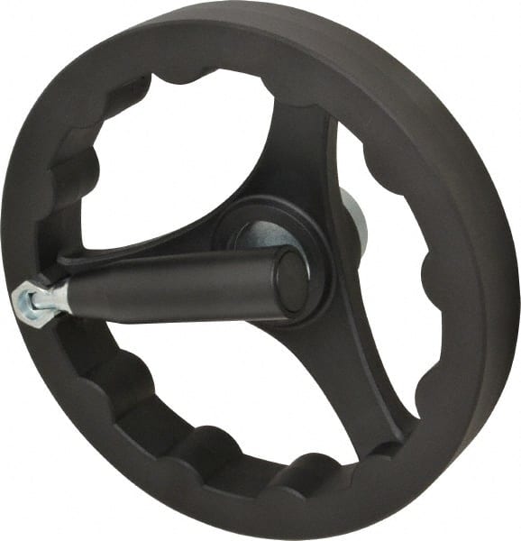 J.W. Winco - 200mm, Handwheel with Retractable Handle - 40mm Hub, Plastic, Plain Finish - Exact Tooling