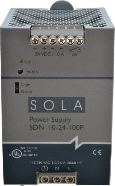 Sola/Hevi-Duty - 240 Watt, 10 Amp, 230 VAC Input, 24 VDC Output, DIN Rail Power Supply - 3.26 Inch Wide x 4.55 Inch Deep x 4.88 Inch High, Up to 88% Efficiency, 14 to 140°F, Green LED - Exact Tooling