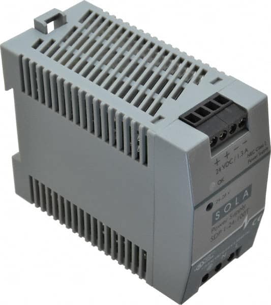 Sola/Hevi-Duty - 100 Watt, 1.30 Amp, 264 VAC, 375 VDC Input, 24 to 28 VDC Output, DIN Rail Power Supply - Screw Terminal Connection, 1 Output, 1.77 Inch Wide x 3.58 Inch Deep x 2.95 Inch High, Up to 83% Efficiency, 14 to 140°F, Green LED Display - Exact Tooling