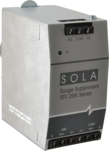 Sola/Hevi-Duty - 2.56 Inch Long x 4.87 Inch Wide x 4-3/4 Inch Deep, Hardwired Surge Protector - DIN Rail Mount, 240 VAC, 50 kA Surge Protection - Exact Tooling