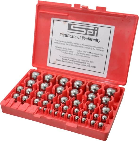 SPI - 1 to 25mm Diameter, Chrome Steel, Gage Ball Set - 0.0001 Inch Tolerance, Grade 24 Accuracy, 25 Pairs - Exact Tooling