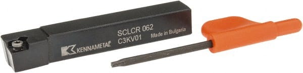Kennametal - SCLC, Right Hand Cut, 5° Lead Angle, 3/8" Shank Height x 3/8" Shank Width, Neutral Rake Indexable Turning Toolholder - 2-1/2" OAL, CC..21.5. Insert Compatibility, Series Screw-On - Exact Tooling