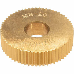 Dorian Tool - 1" Diam, 90° Tooth Angle, 20 TPI, Standard (Shape), Cut Type High Speed Steel Straight Knurl Wheel - 5.99mm Face Width, 5/16" Hole, Circular Pitch, TiN Finish, Series M - Exact Tooling