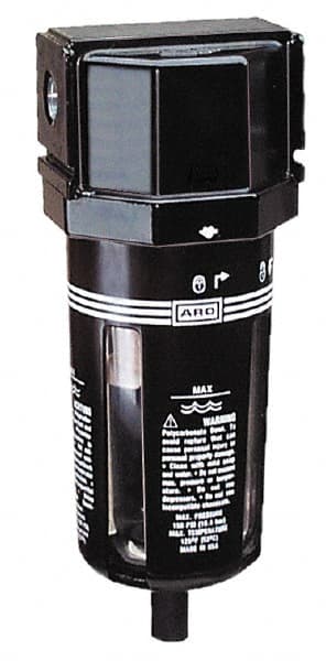 ARO/Ingersoll-Rand - 3/8" Port, 7.047" High x 2.874" Wide Standard Filter with Polycarbonate Bowl, Manual Drain - 156 SCFM, 150 Max psi, 125°F Max Temp, Modular Connection, Bowl Guard, 1.9 oz Bowl Capacity - Exact Tooling