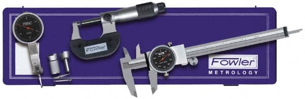 Fowler - 9 Piece, 0" to 0.03" Measuring Range, 0-100 Dial Reading, Black Dial Test Indicator Kit - 0.0005" Dial Graduation - Exact Tooling