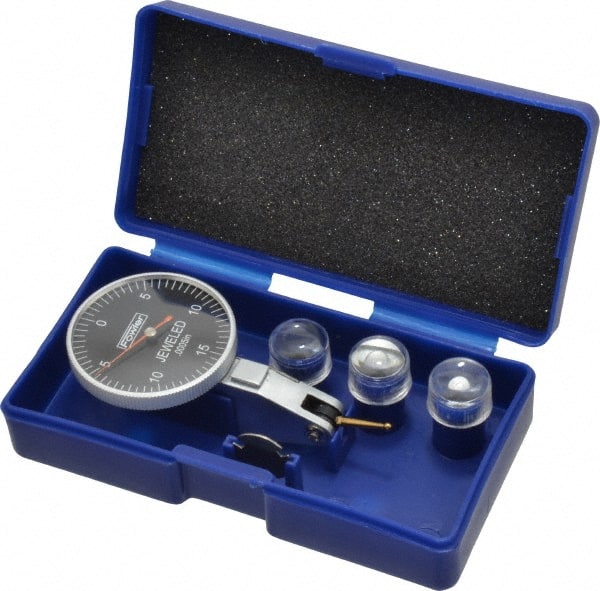 Fowler - 0.03 Inch Range, 0.0005 Inch Dial Graduation, Horizontal Dial Test Indicator - 1-1/2 Inch Black Dial, 0-15-0 Dial Reading - Exact Tooling