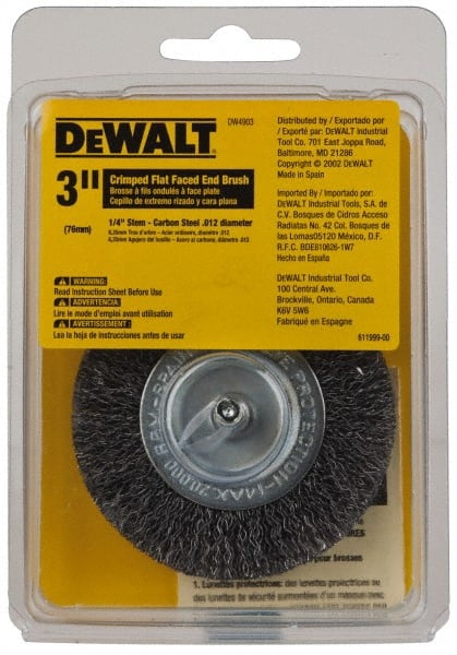 DeWALT - 3" Brush Diam, Flat Faced, End Brush - 1/4" Diam Shank, 20,000 Max RPM - Exact Tooling