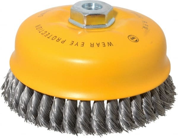 DeWALT - 6" Diam, 5/8-11 Threaded Arbor, Steel Fill Cup Brush - 0.023 Wire Diam, 6,600 Max RPM - Exact Tooling