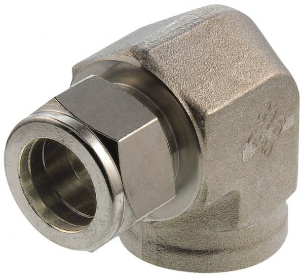 Parker - 3/4" OD, Stainless Steel Female Elbow - -425 to 1,200°F, 1-3/8" Hex, Comp x FNPT Ends - Exact Tooling