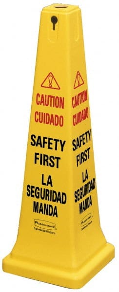 Rubbermaid - Caution - Safety First, 12-1/4" Wide x 36" High, Plastic Floor Sign - Cone, Black on Yellow, For Accident Prevention - Exact Tooling