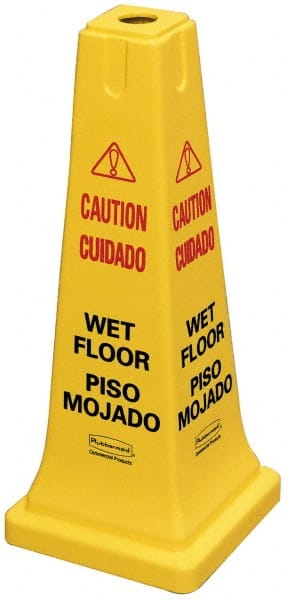 Rubbermaid - Caution - Wet Floor, 10-1/2" Wide x 25-3/4" High, Plastic Floor Sign - Cone, Black on Yellow, For Accident Prevention - Exact Tooling