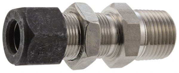 Parker - 1/4" OD, Stainless Steel Bulkhead Connector - 5/8" Hex, Comp x MNPT Ends - Exact Tooling