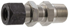 Parker - 1/4" OD, Stainless Steel Bulkhead Connector - 5/8" Hex, Comp x MNPT Ends - Exact Tooling