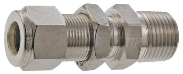 Parker - 1/2" OD, Stainless Steel Bulkhead Connector - -425 to 1,200°F, 15/16" Hex, Comp x MNPT Ends - Exact Tooling
