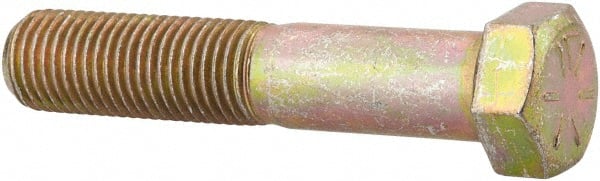 Made in USA - 7/16-20 UNF, 2-1/4" Length Under Head Hex Head Cap Screw - Partially Threaded, Grade 8 Alloy Steel, Zinc Yellow Dichromate Finish, 5/8" Hex - Exact Tooling