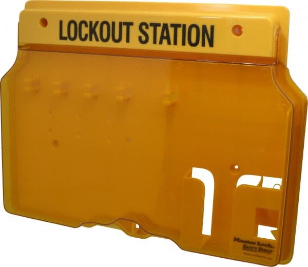 Master Lock - 1 Piece, Empty Polycarbonate Padlock Station - 16 Inch Wide x 12-1/4 Inch High x 1-3/4 Inch Deep, Black on Yellow, Covered - Exact Tooling