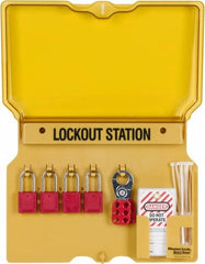 Master Lock - 7 Piece, Equipped Polycarbonate Padlock Station - 16 Inch Wide x 12-1/4 Inch High x 1-3/4 Inch Deep, Black on Yellow, Covered - Exact Tooling