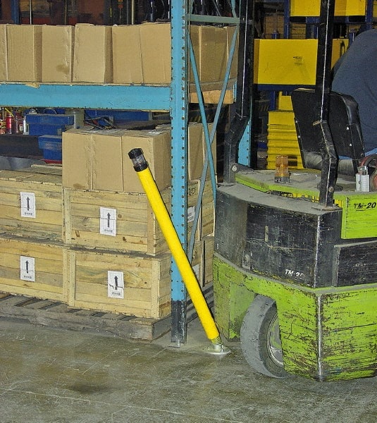 Vestil - 2-1/2" Diam x 42" High, Yellow Steel Spring Bollard - 6" Wide x 6" Long Mounting Plate, 32 Lb - Exact Tooling