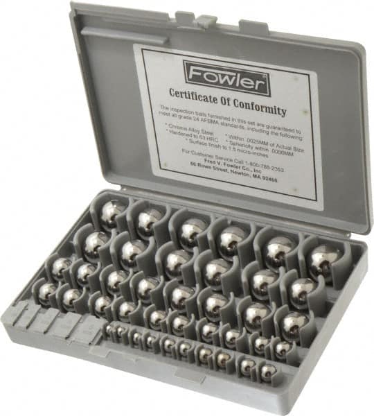 Fowler - to 1 to 25mm Diameter, Chrome Steel, Gage Ball Set - 0.0025 mm Tolerance, Grade 24 Accuracy, 63 RC Hardness, 25 Pairs - Exact Tooling