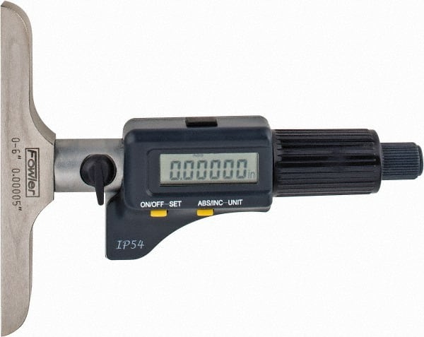 Fowler - 0 to 150mm Range, 4" Base Length, 6 Rods, Friction Thimble, Electronic Depth Micrometer - IP54, 0.00005" Resolution, 0.176" Rod Diam, 357 Battery, Data Output - Exact Tooling