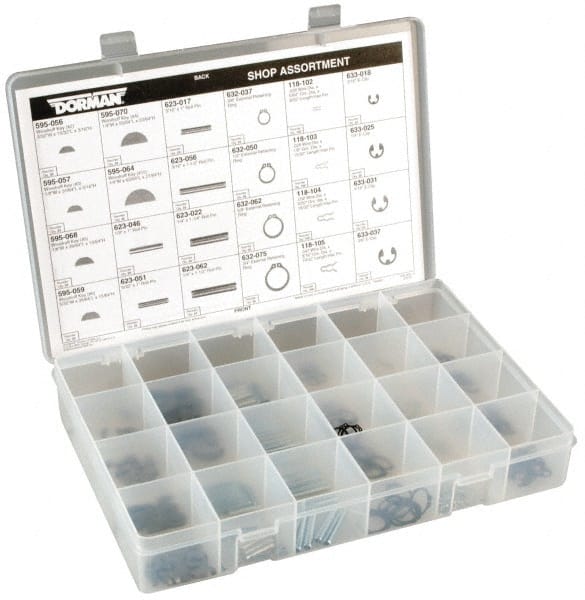 Dorman - 260 Piece E Style External Retaining Ring, Hair Pin Clip, Spring Pin & Woodruff Key Assortment - Spring Steel - Exact Tooling