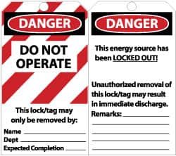 NMC - 3" High x 6" Long, DANGER - DO NOT OPERATE - THIS LOCK/TAG MAY ONLY BE REMOVED BY: NAME___ DEPT___ EXPECTED COMPLETION___, English Safety & Facility Lockout Tag - Tag Header: Danger, 2 Sides, Black, Red & White Unrippable Vinyl - Exact Tooling
