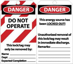 NMC - 3" High x 6" Long, DANGER - DO NOT OPERATE - THIS LOCK/TAG MAY ONLY BE REMOVED BY: NAME___ DEPT___ EXPECTED COMPLETION___, English Safety & Facility Lockout Tag - Tag Header: Danger, 2 Sides, Black, Red & White Unrippable Vinyl - Exact Tooling