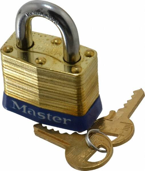 Master Lock - 3/4" Shackle Clearance, Keyed Different Laminated Brass Padlock - 9/32" Shackle Diam, Brass - Exact Tooling
