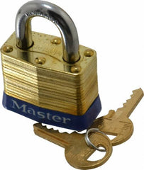 Master Lock - 3/4" Shackle Clearance, Keyed Different Laminated Brass Padlock - 9/32" Shackle Diam, Brass - Exact Tooling