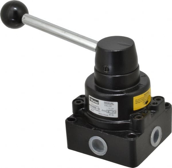 Parker - 3/8" NPT Rotary Disc, Hand Valve - 4-Way, Lever/Detent, 1.4 CV Rate, 150 Max psi & 166°F Max Temp - Exact Tooling