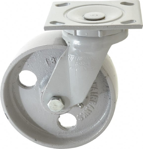 Fairbanks - 6" Diam x 2" Wide x 7-1/4" OAH Top Plate Mount Swivel Caster - Semi-Steel, 1,200 Lb Capacity, Plain Bearing, 4 x 4-1/2" Plate - Exact Tooling