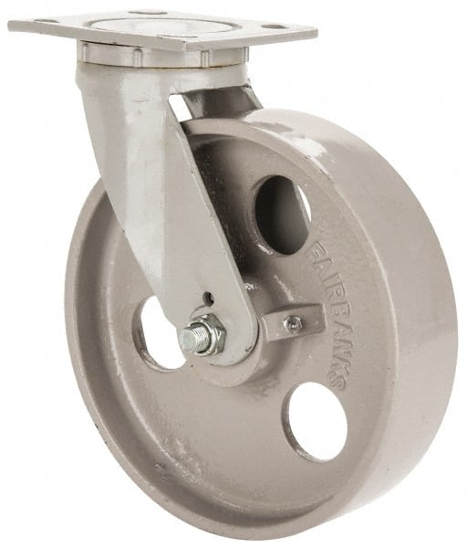 Fairbanks - 8" Diam x 2" Wide x 9-1/2" OAH Top Plate Mount Swivel Caster - Semi-Steel, 1,200 Lb Capacity, Roller Bearing, 4 x 4-1/2" Plate - Exact Tooling