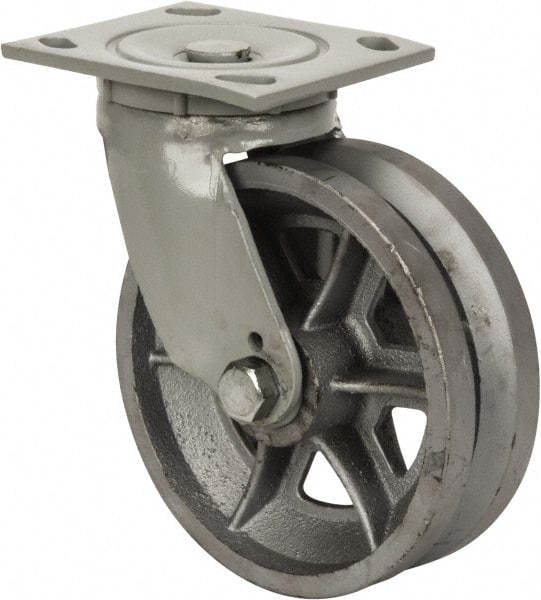 Fairbanks - 6" Diam x 2" Wide, V Groove Metal Swivel Caster - 1,200 Lb Capacity, Top Plate Mount, 4" x 4-1/2" Plate, Roller Bearing - Exact Tooling