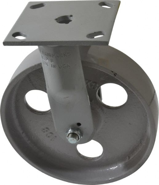 Fairbanks - 8" Diam x 2" Wide x 9-1/2" OAH Top Plate Mount Rigid Caster - Semi-Steel, 1,200 Lb Capacity, Roller Bearing, 4 x 4-1/2" Plate - Exact Tooling