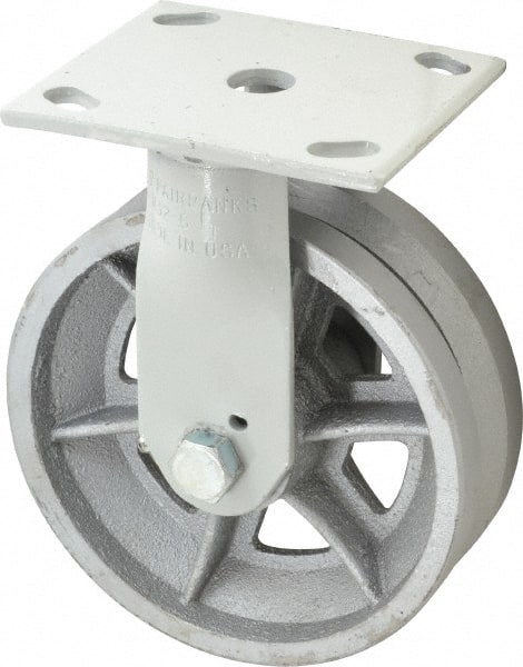Fairbanks - 6" Diam x 2" Wide, V Groove Metal Rigid Caster - 1,200 Lb Capacity, Top Plate Mount, 4" x 4-1/2" Plate, Roller Bearing - Exact Tooling