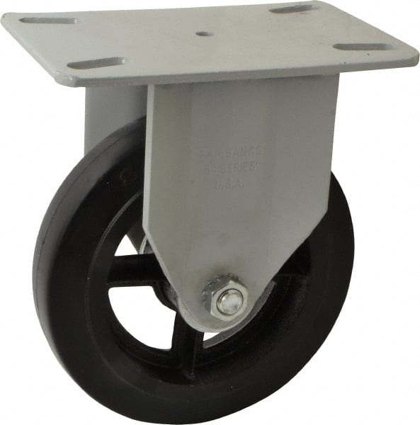 Fairbanks - 8" Diam x 2" Wide x 9-3/4" OAH Top Plate Mount Rigid Caster - Rubber, 1,000 Lb Capacity, Roller Bearing, 5-1/2 x 8-1/4" Plate - Exact Tooling