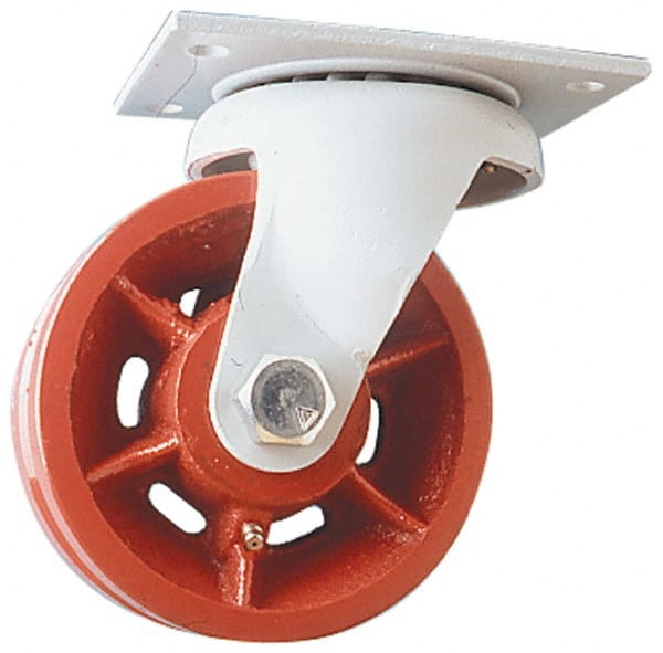 Fairbanks - 8" Diam x 2-1/2" Wide x 10" OAH Top Plate Mount Swivel Caster - Ductile Iron, 2,500 Lb Capacity, Roller Bearing, 5 x 6-1/2" Plate - Exact Tooling